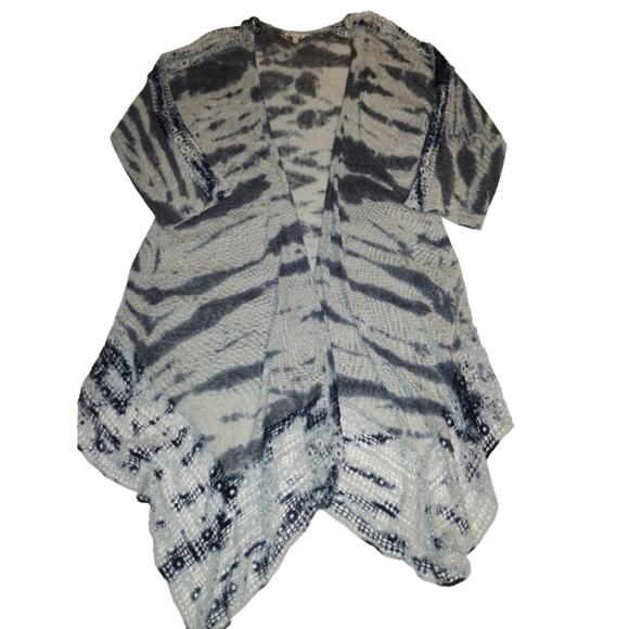 Gimmicks by BKE Blue Watercolor Boho Open Front Cardigan with Crochet Trim - Picture 1 of 8